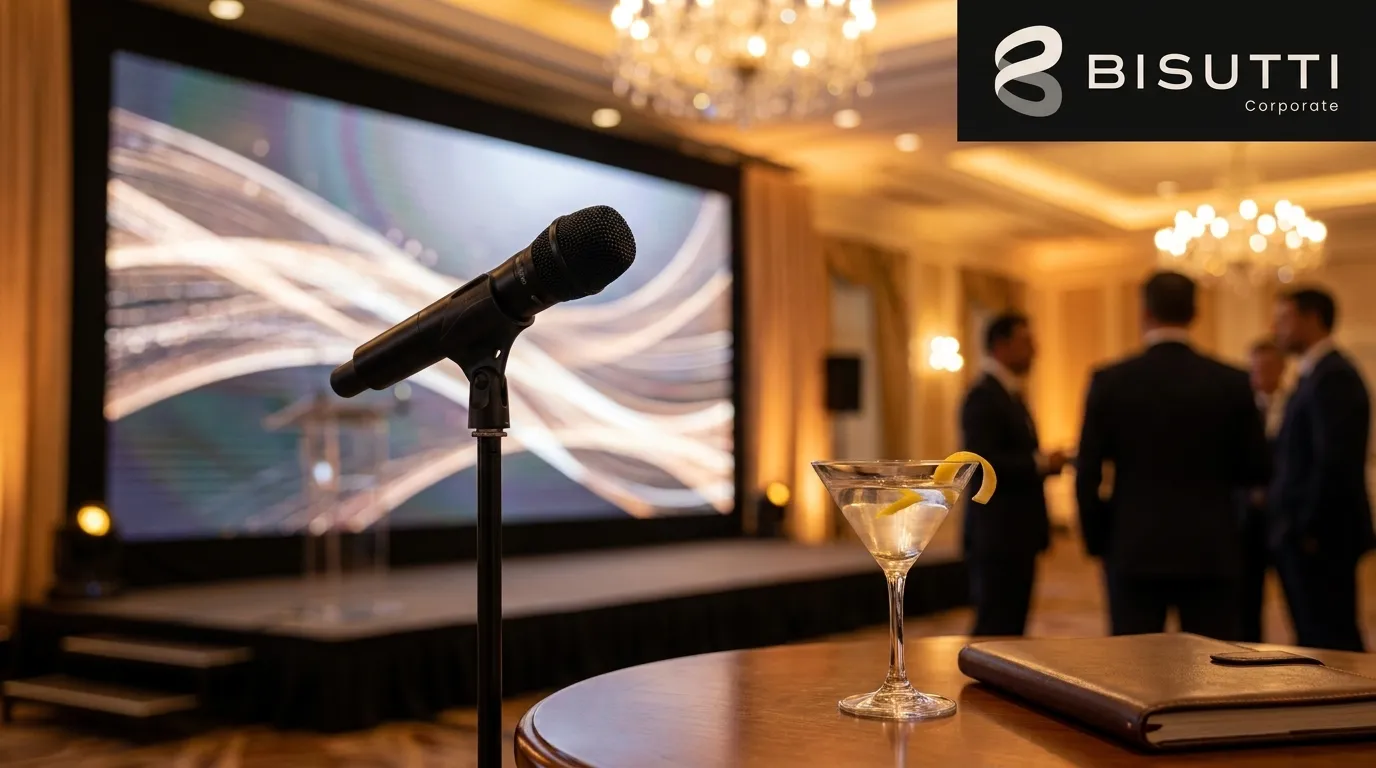 Espaço para evento corporativo com telão e som profissional