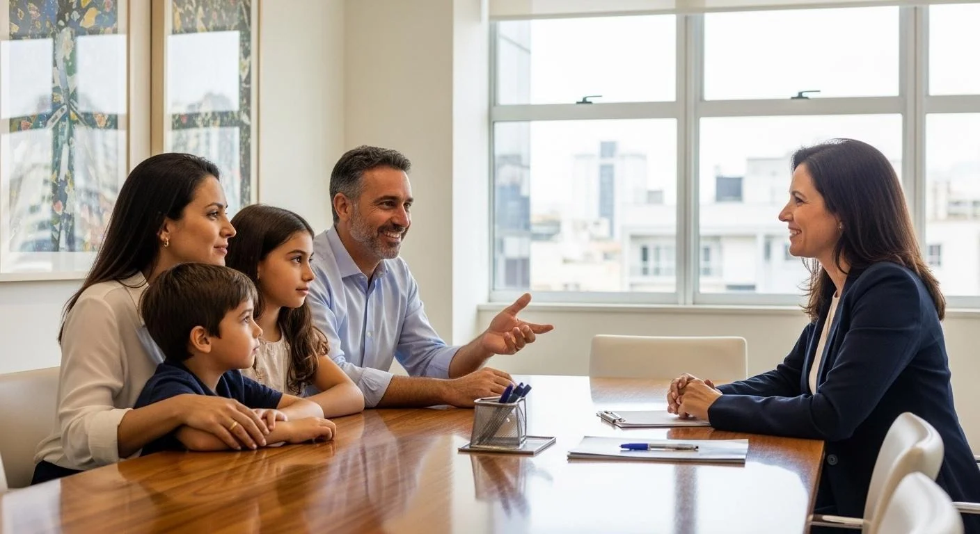Consultora apresenta opções de plano de saúde a um casal e seus dois filhos sentados à mesa de reunião