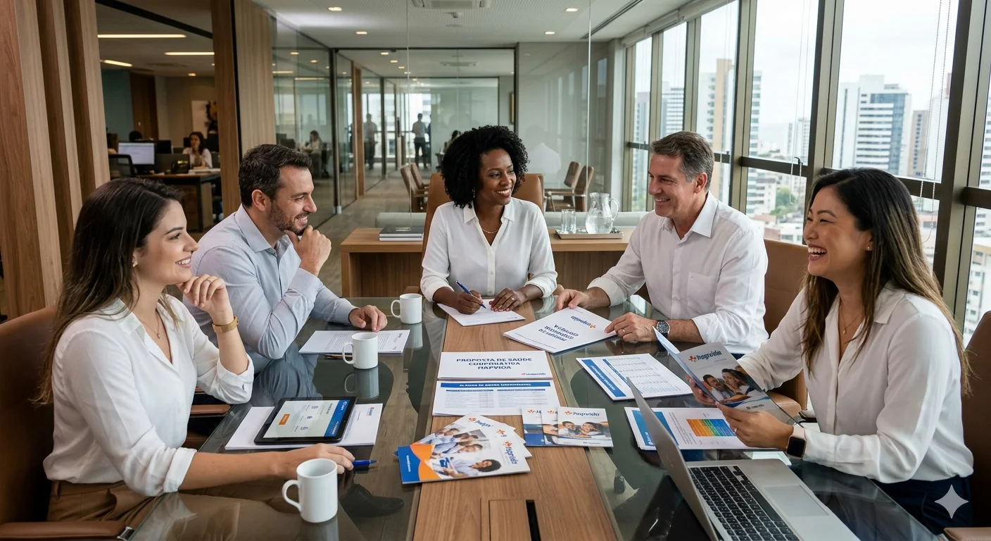 Equipe reunida à mesa analisa materiais de plano de saúde empresarial em sala de reunião