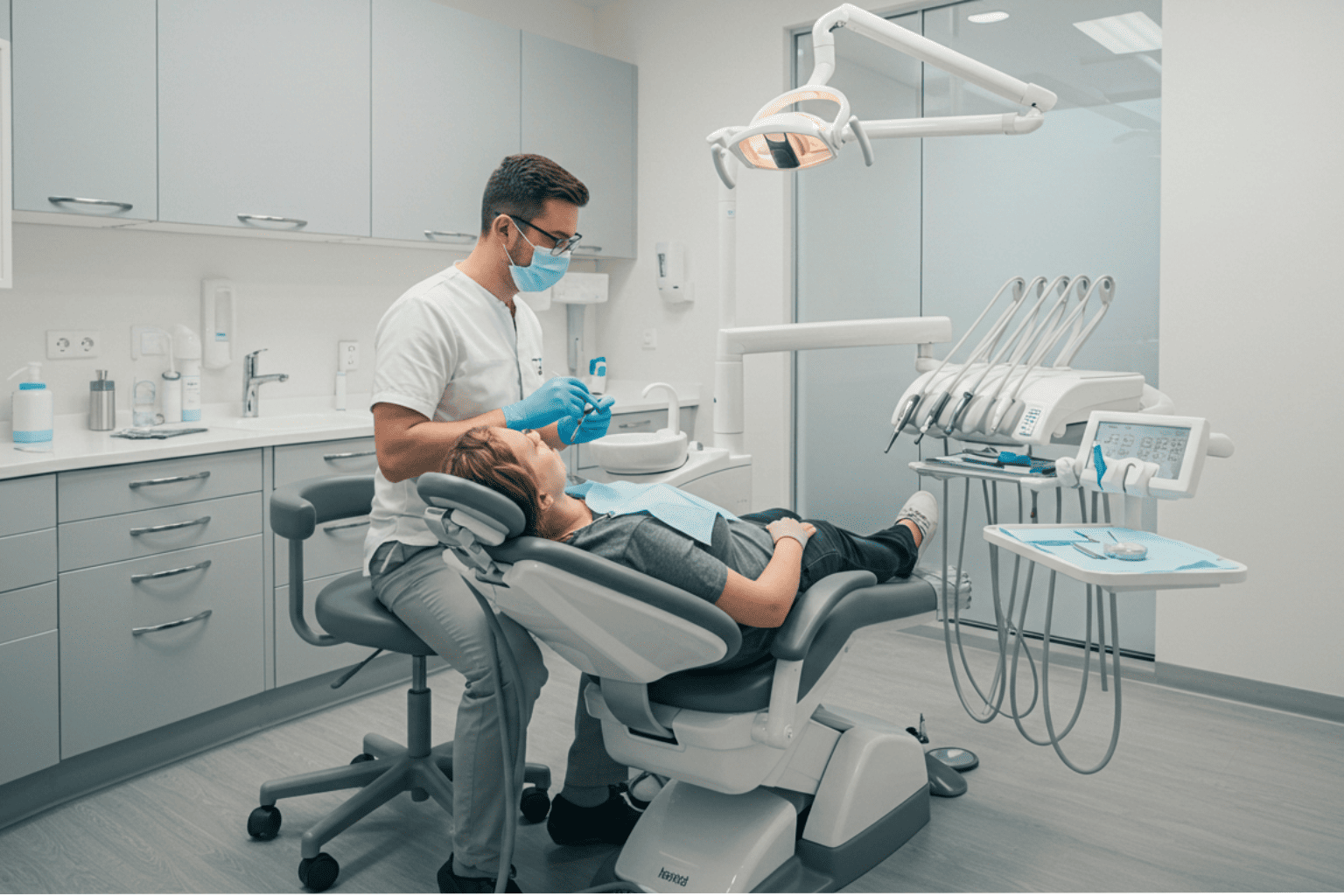 Dentista atende paciente em cadeira odontológica com equipamento e instrumental ao lado