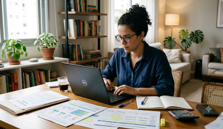 Mulher pesquisa em notebook com documentos e calculadora sobre a mesa em ambiente doméstico
