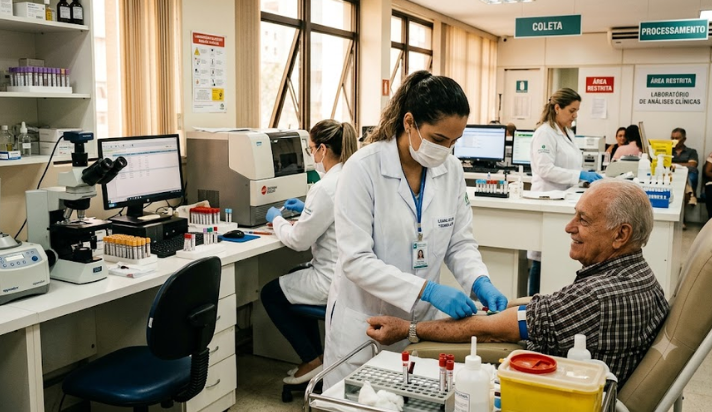 Profissional de laboratório realiza coleta de sangue em paciente idoso em sala de análises clínicas