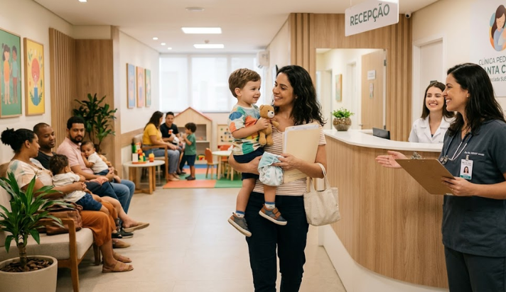 Mãe com criança no colo é recebida por atendente na recepção de uma clínica pediátrica