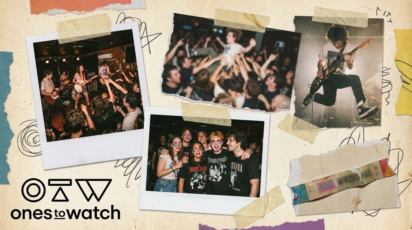 Collage of high-energy festival crowd and stage moments in the OnesToWatch style.