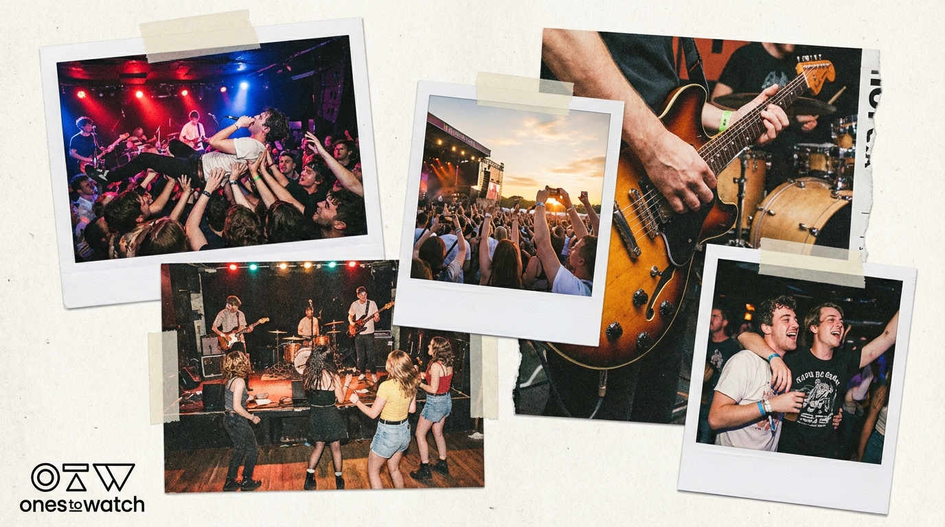Collage of crowd-surfing and sunset festival scenes with fans and musicians.
