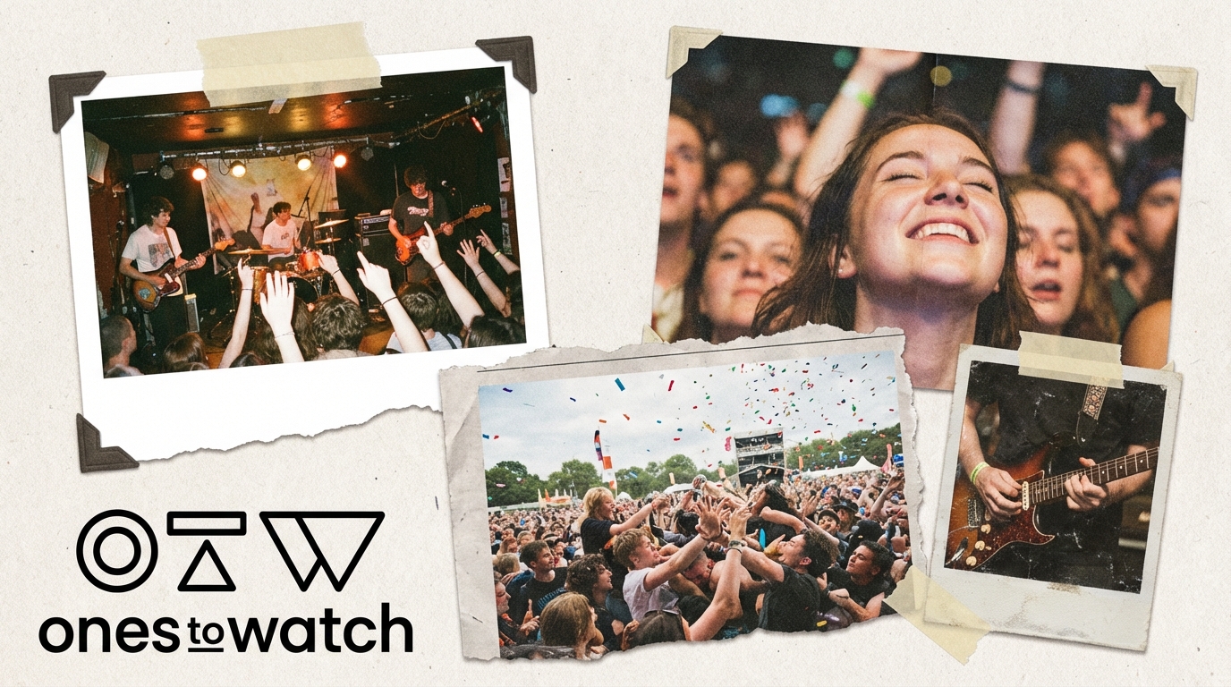 Joyful collage of a confetti-filled festival crowd and performers in the OnesToWatch style.