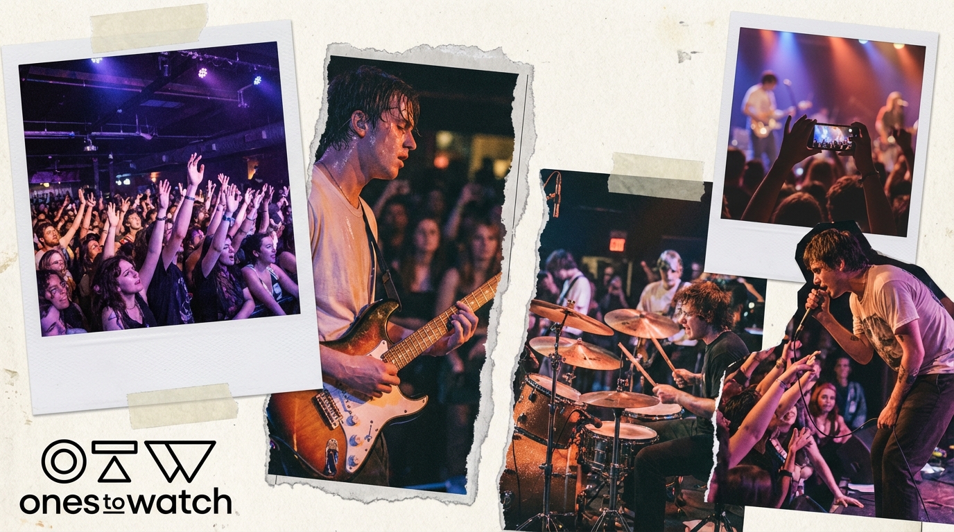 Collage of live band performances and an engaged audience in a small venue.