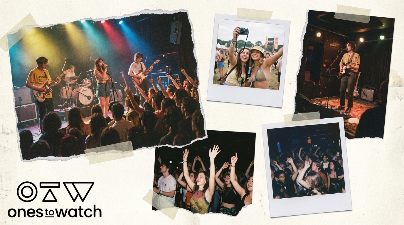 Colorful collage of an indie band on stage with fans filming and dancing.