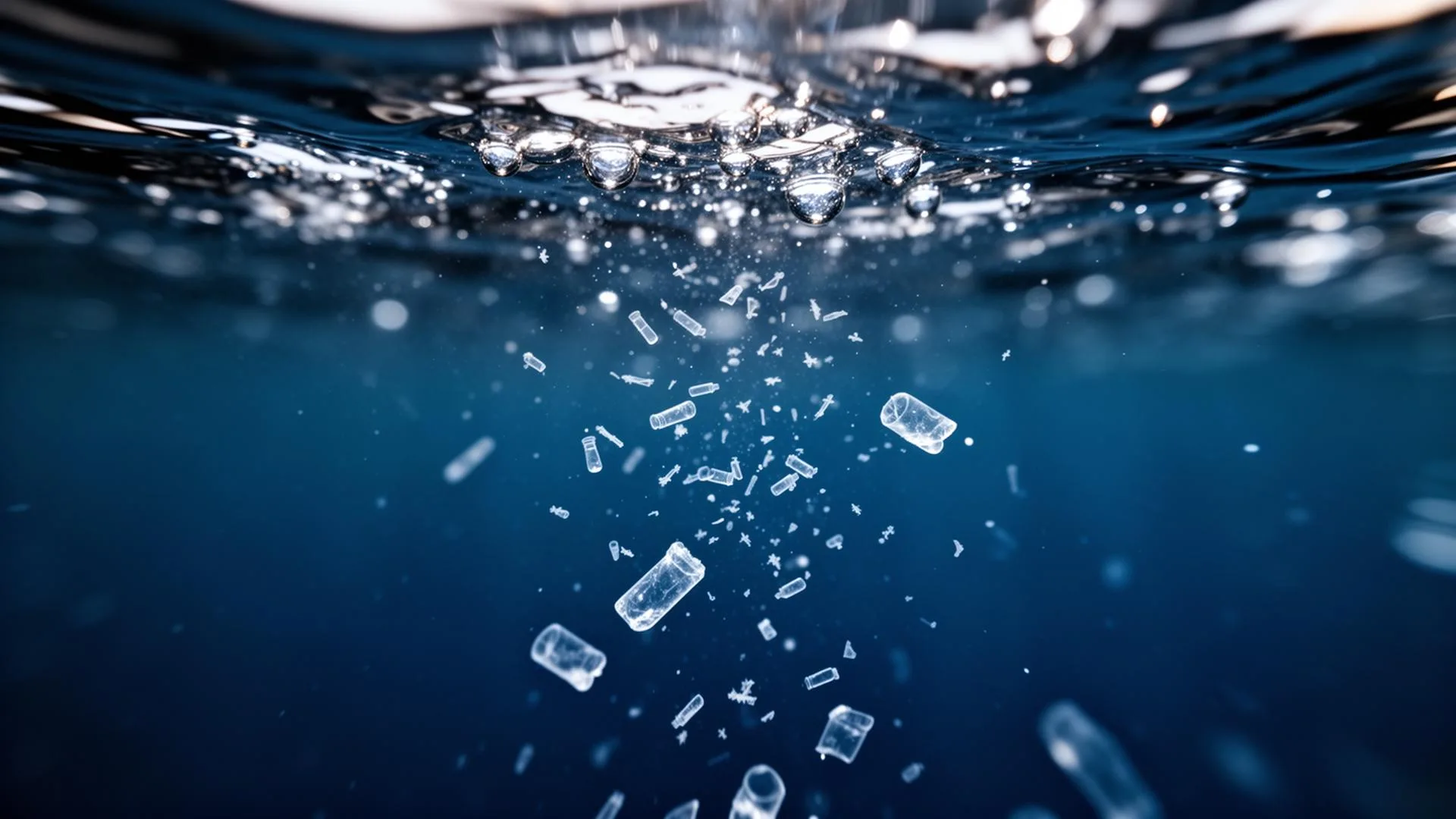 Fragments of plastic suspended in blue water below the surface.
