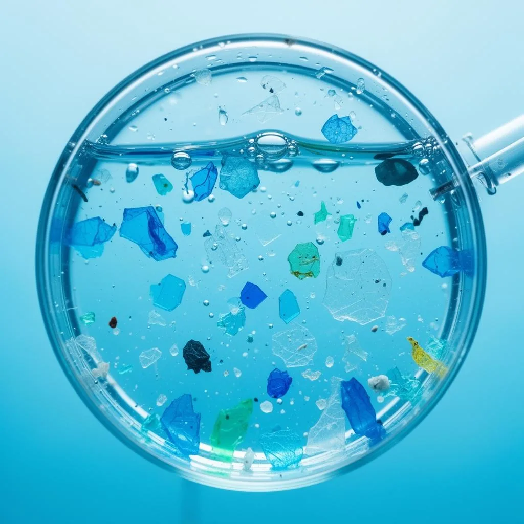 Colorful plastic fragments in water inside a laboratory petri dish.