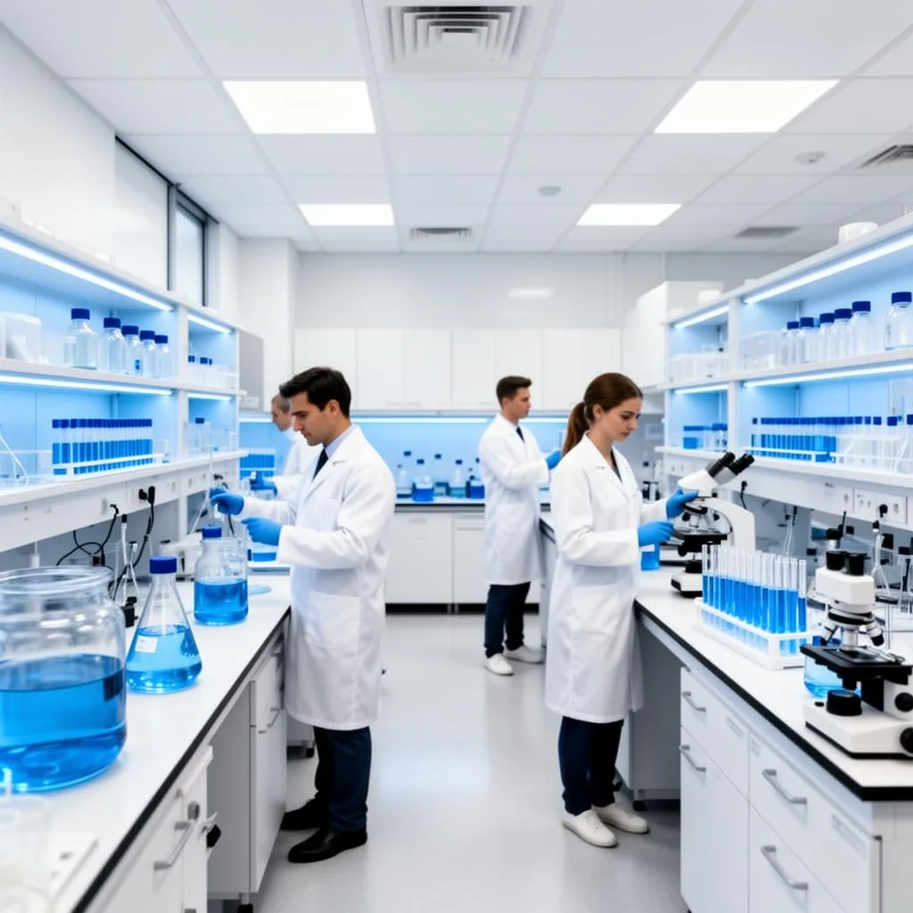 Scientists in white coats working with samples and microscopes in a laboratory.