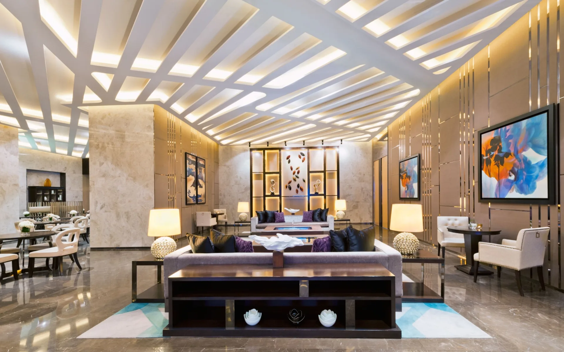 The elegant lobby and lounge of an upscale hotel.