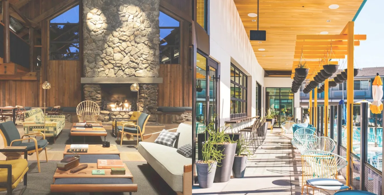 The interiors of a design-forward boutique hotel, with a lounge and open-air terrace.