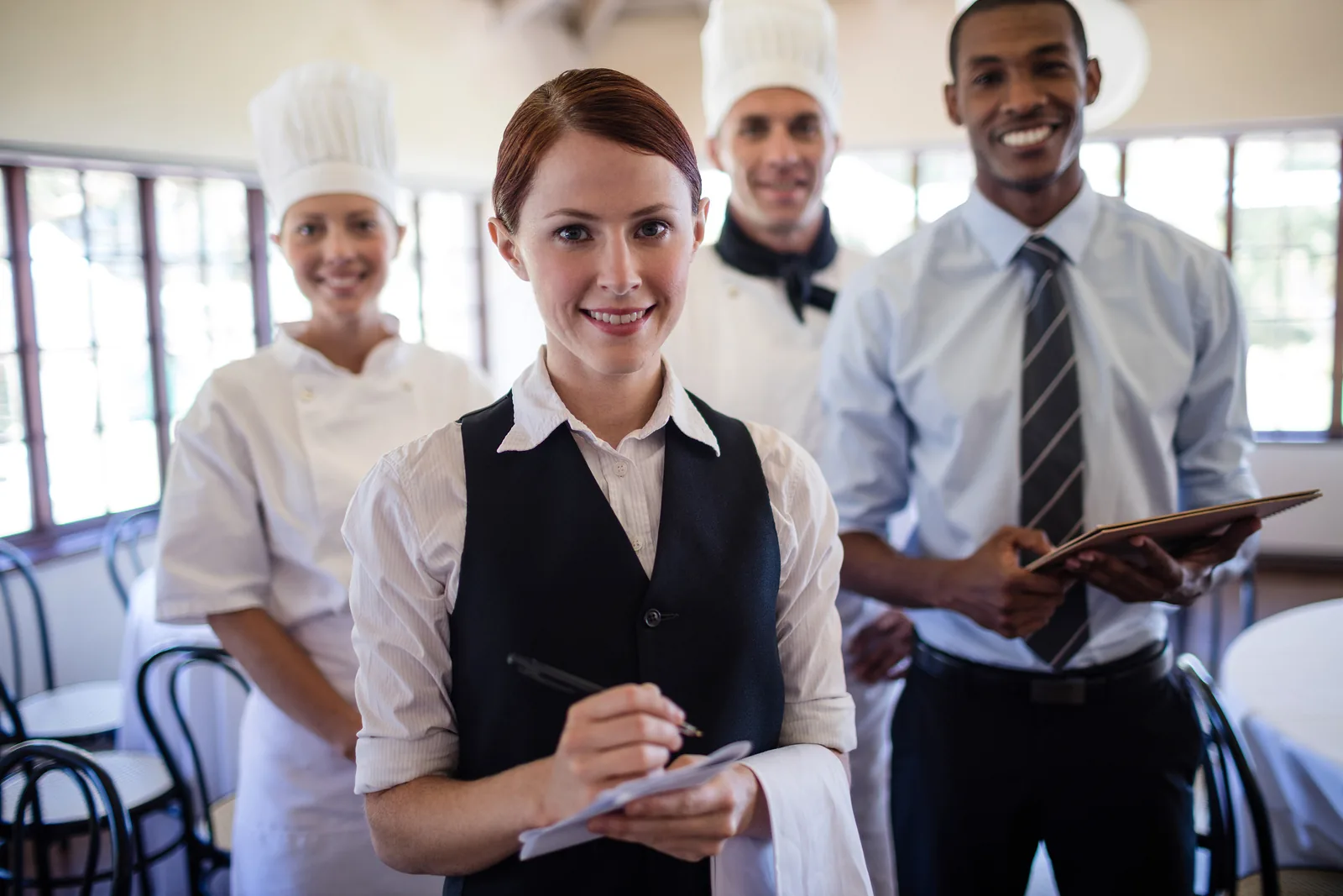 A group of hotel staff from different departments — front desk, kitchen, and service — standing together.