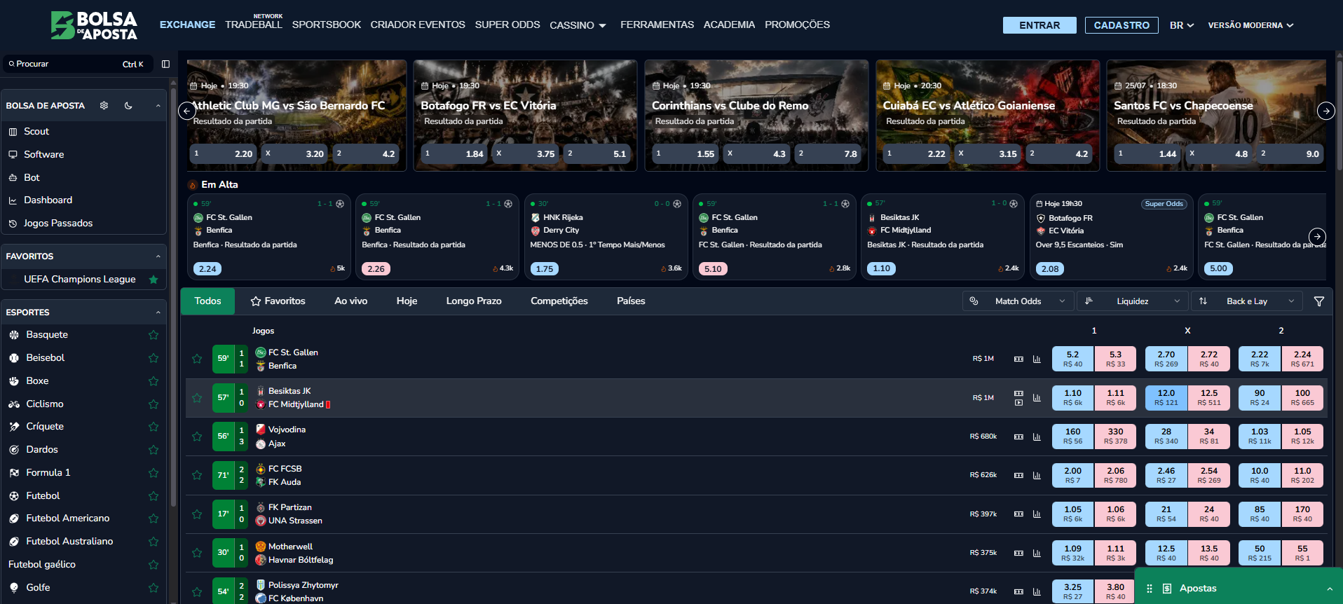 Interface da plataforma de exchange do Bolsa de Aposta