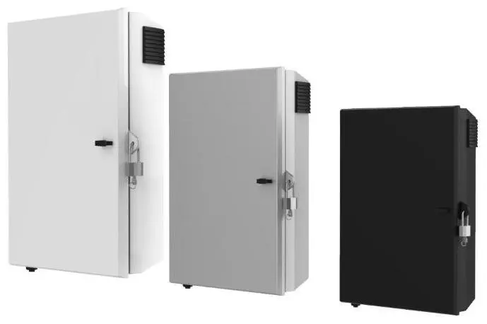 Three energy-storage enclosure cabinets in white, gray, and black.