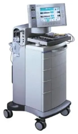 A wheeled medical equipment cart with an integrated display and drawers.