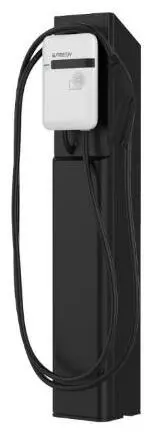 A pedestal-style EV charging enclosure with a cable and connector.