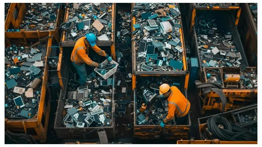 Aerial view of workers in hi-vis gear sorting electronic waste into large bins.