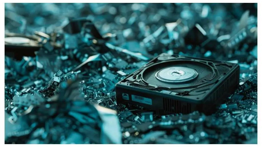 A hard drive amid a pile of shredded electronic components.