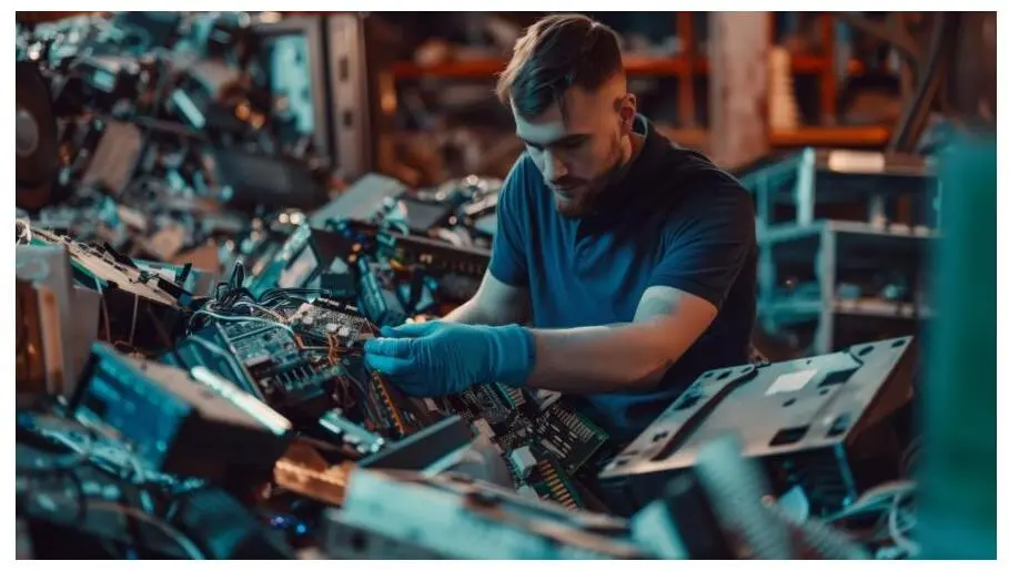 A technician in gloves inspects a circuit board at an electronics workbench.
