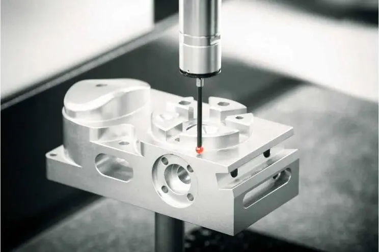A CMM touch probe measuring a machined aluminum bracket.