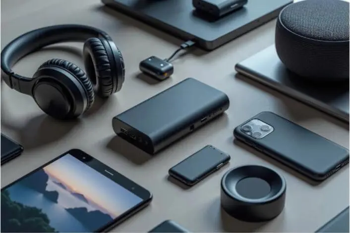 A flat-lay of consumer electronics — headphones, smart speaker, power bank, and phones.