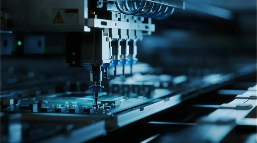 Close-up of an automated pick-and-place machine placing components on a circuit board.