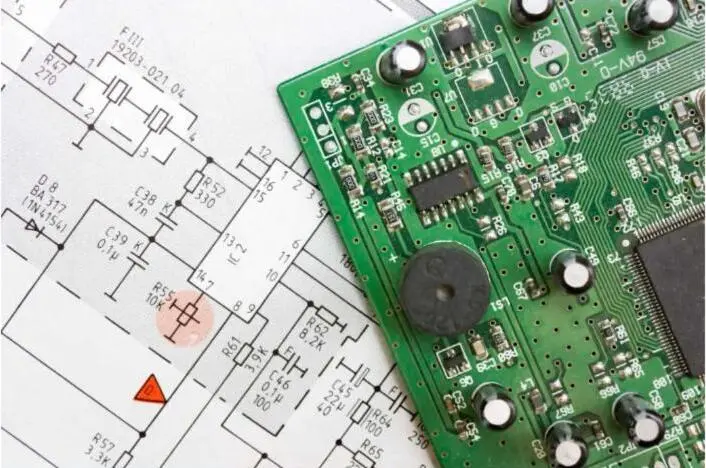 A green printed circuit board resting on an electronic schematic drawing.