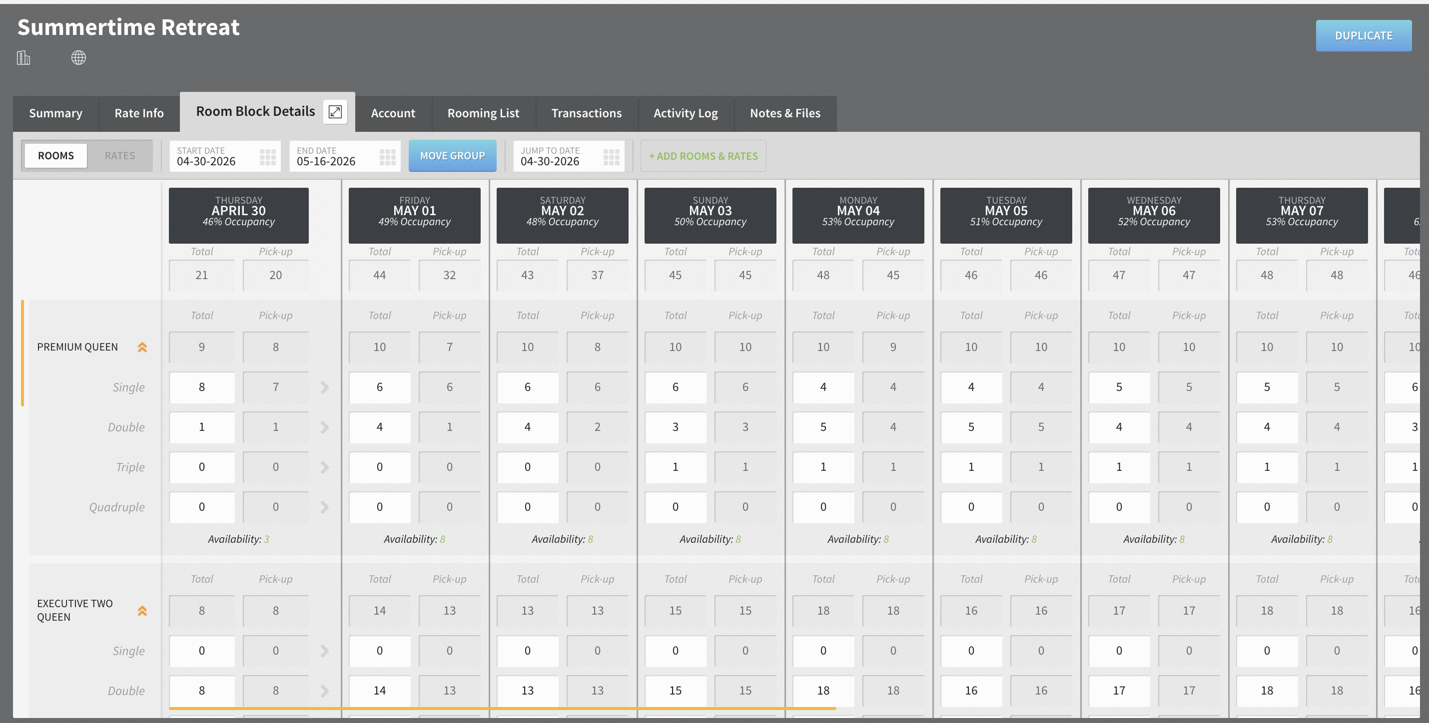 With Stayntouch, sales and front office teams build blocks, import rooming lists, and run quick check-in/out and room assignment across a group.