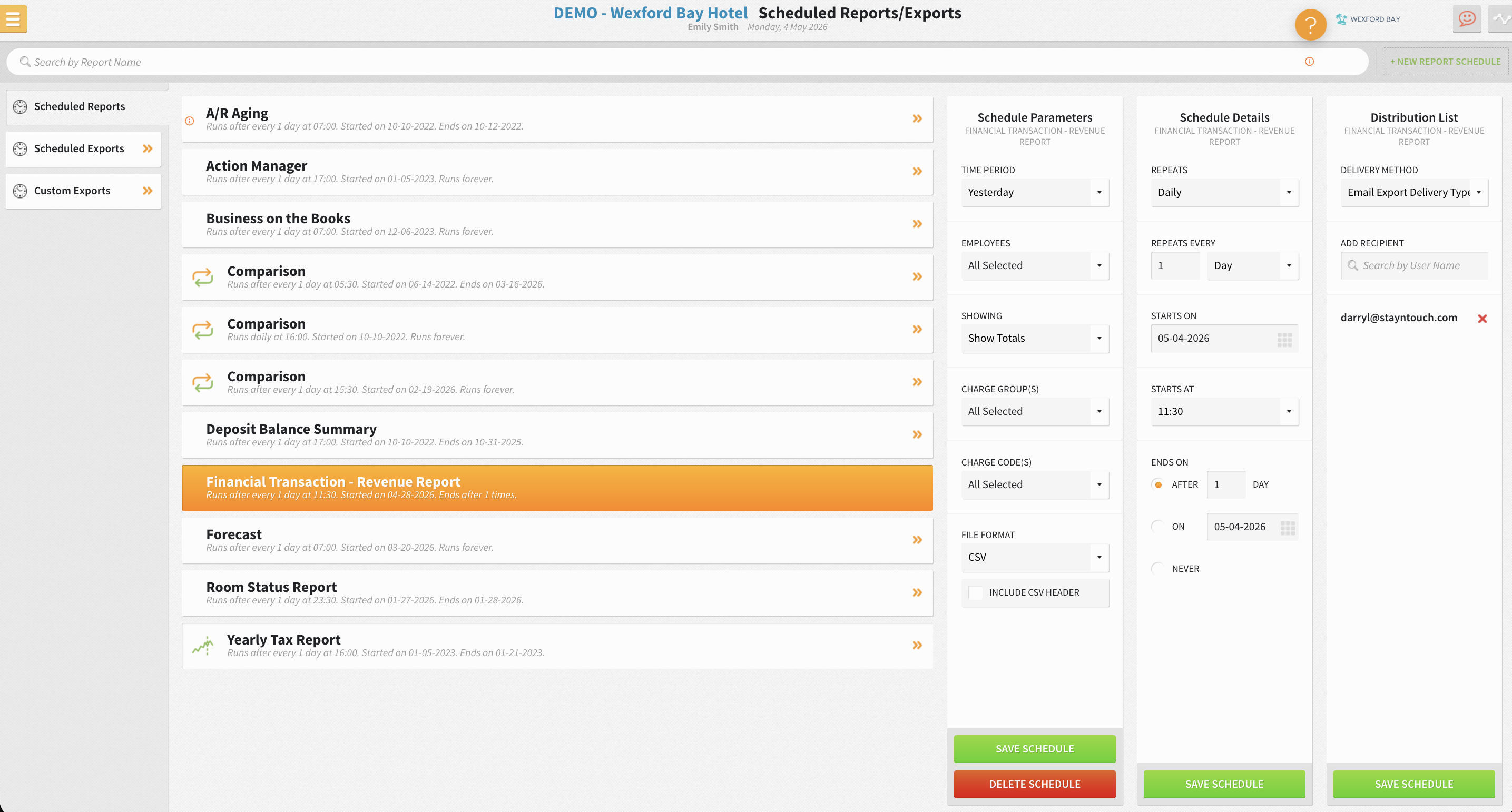 With Stayntouch, managers build the reports they need once, then schedule automated delivery by email, SFTP, or cloud drive in any format, including PDF and CSV.