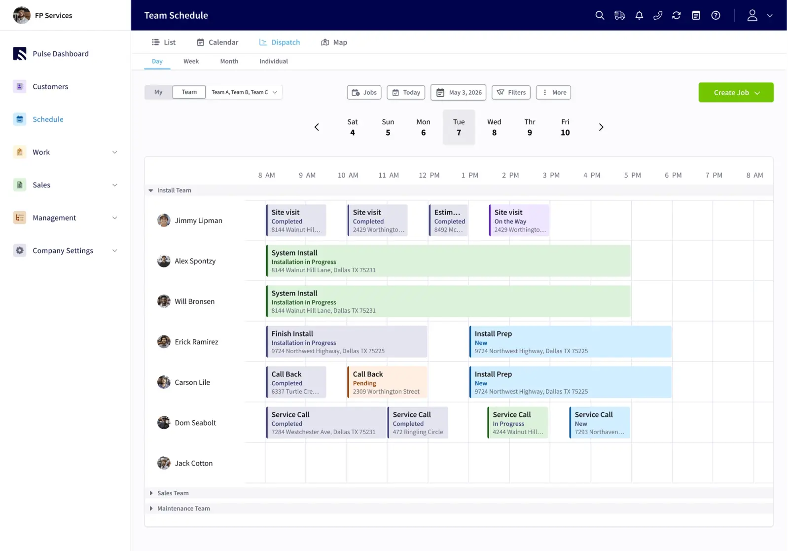 A team scheduling calendar in the FieldPulse app showing jobs assigned across technicians.