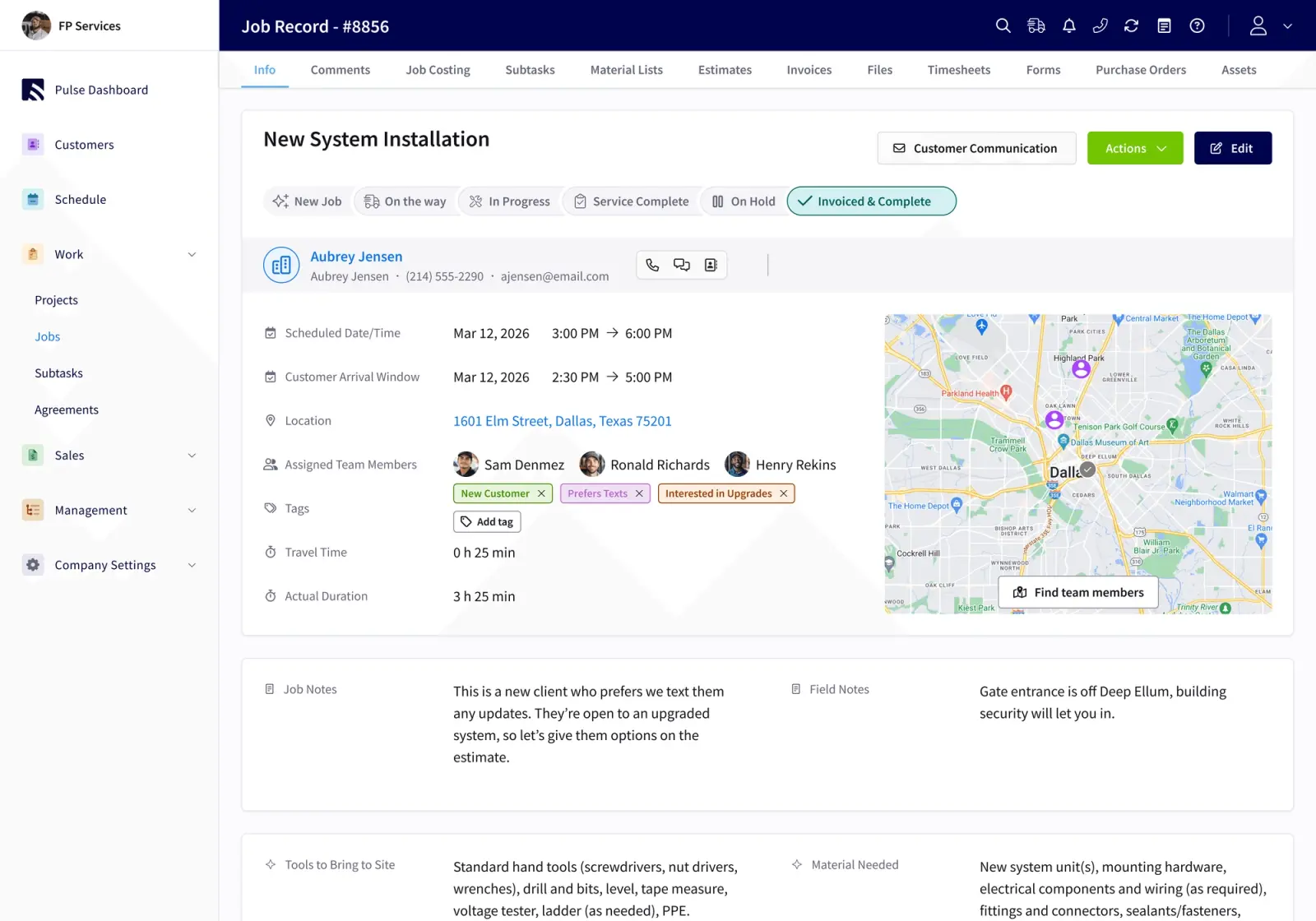 A FieldPulse job record for a new system installation with details and a location map.