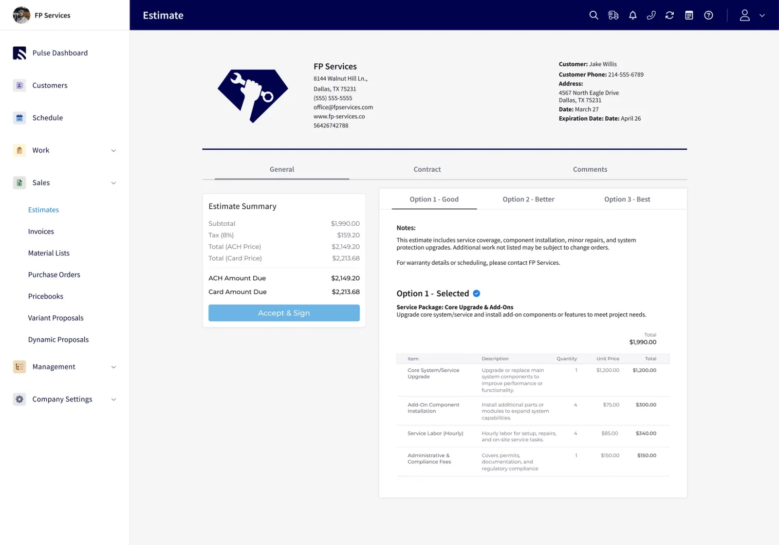 A FieldPulse estimate screen showing tiered good-better-best pricing options.
