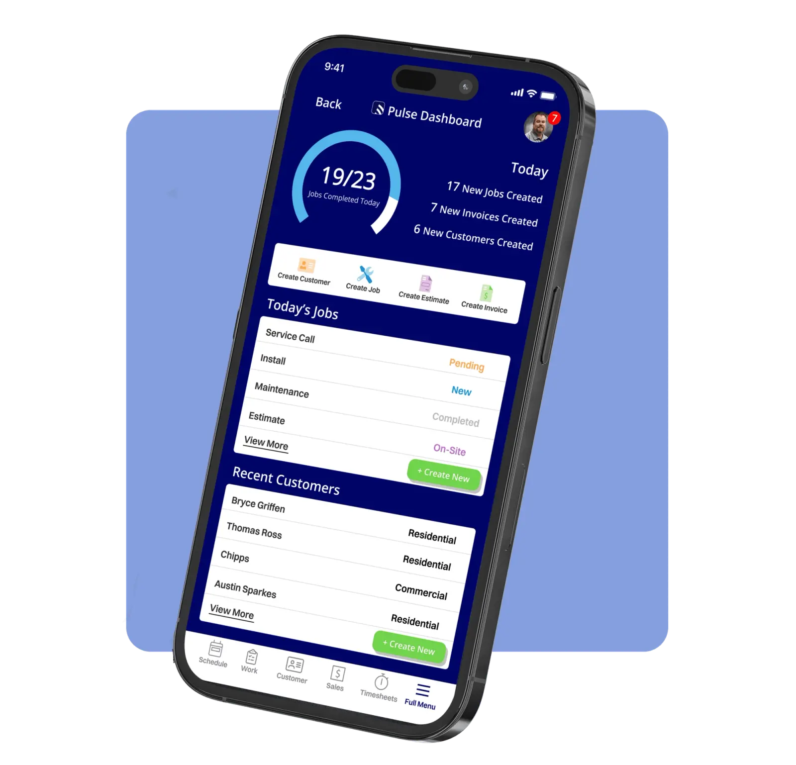 The FieldPulse mobile app open on a smartphone showing a technician's daily dashboard.