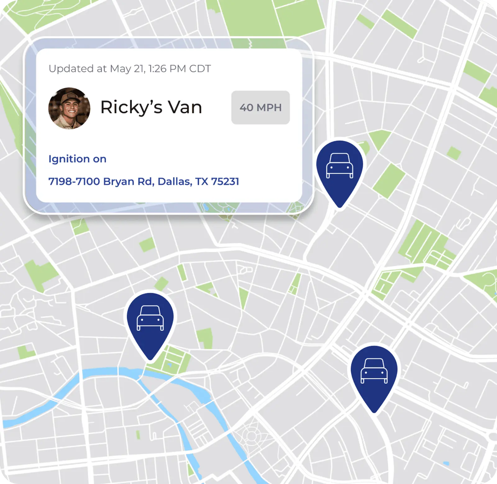 A live GPS map tracking a service van's location and speed in the FieldPulse app.