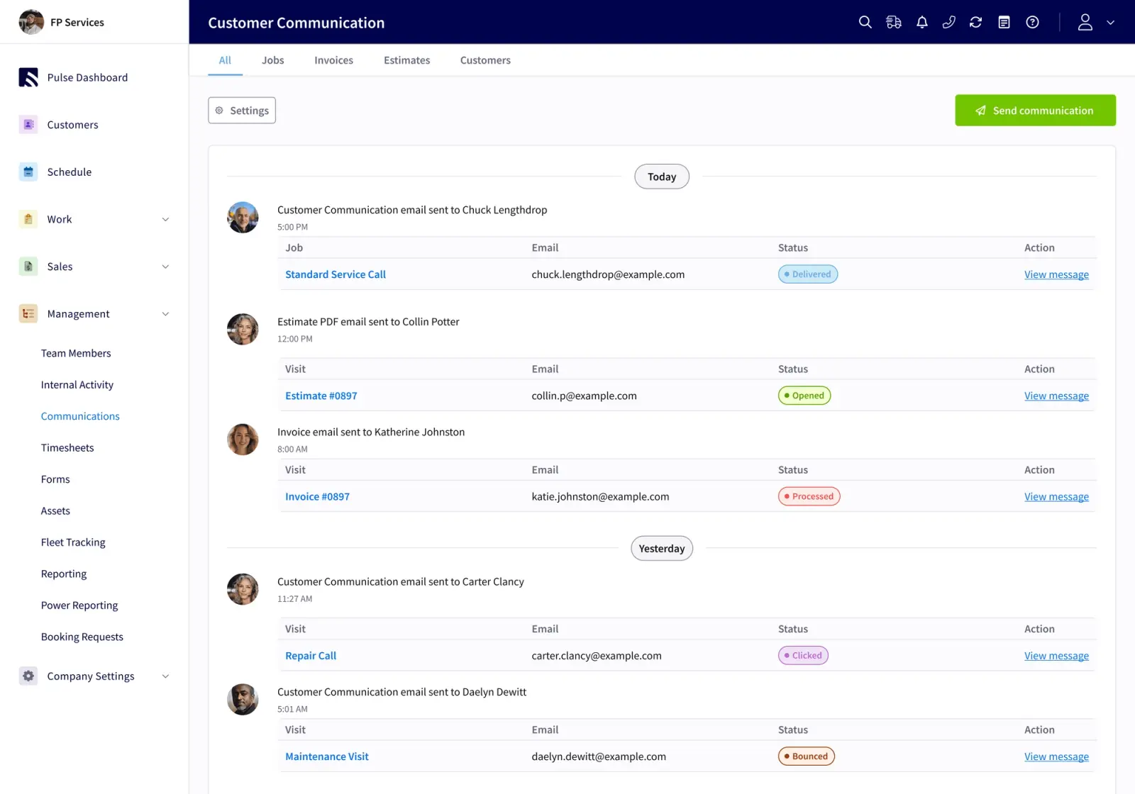 A FieldPulse customer communication screen showing message history by customer.