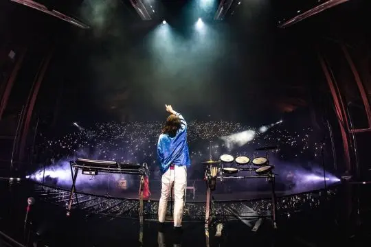 A performer on stage seen from behind facing a large concert crowd.