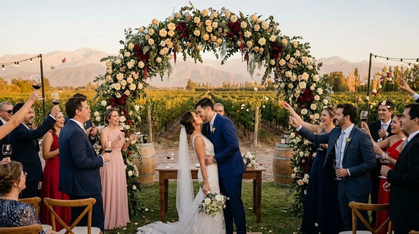 Casamento romântico em Mendoza: vinícola e gestão 360°