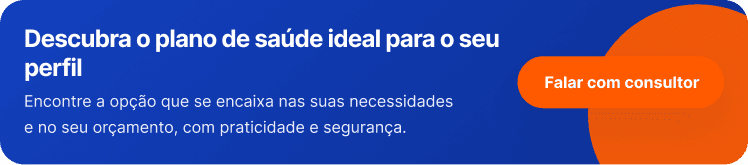 Bloco azul e laranja com o seguinte texto: Descubra o plano de saúde ideal para seu perfil - Falar com consultor