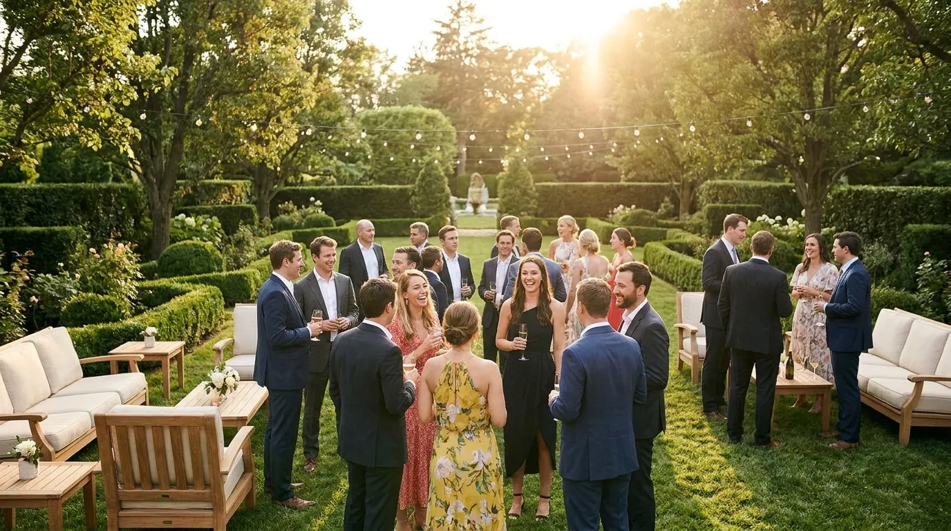 Casa de festas com jardim e área externa sofisticada