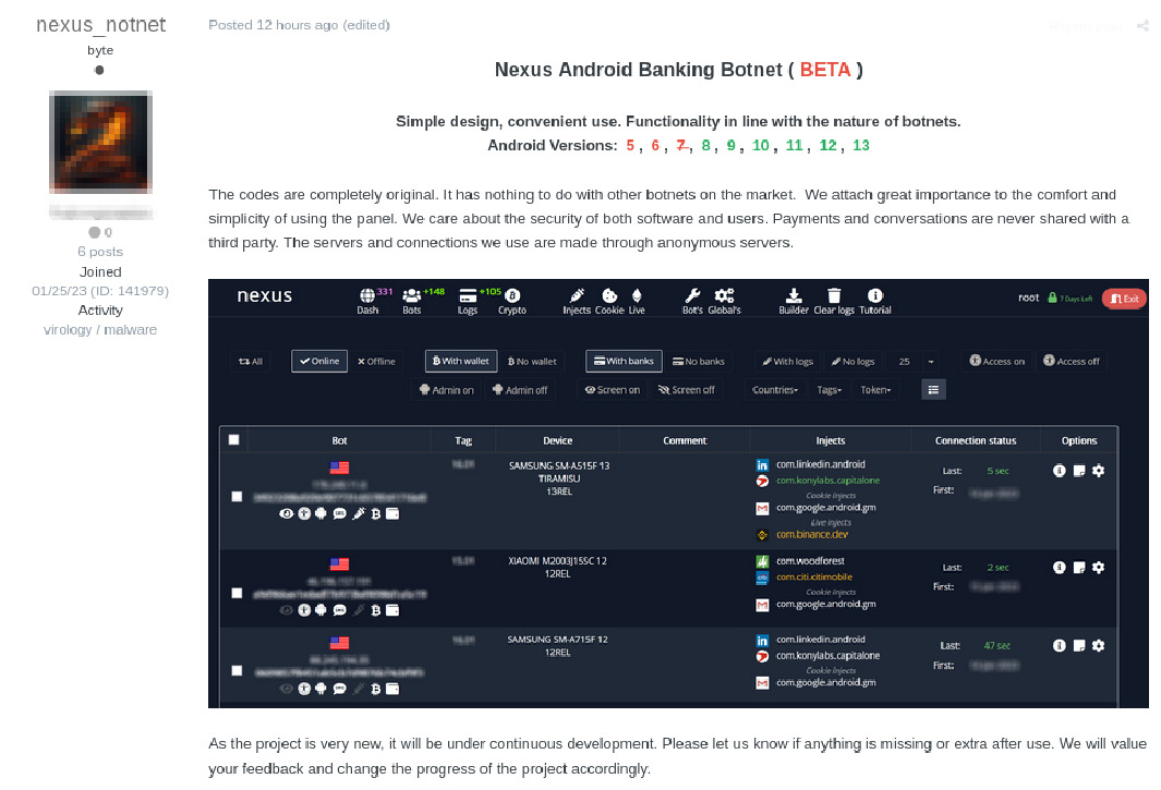A threat actor's advertisement for an Android banking botnet posted on a cybercrime forum.