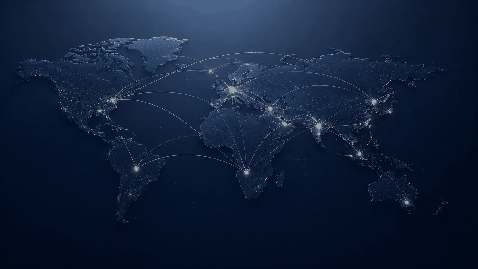 Mapa-múndi escuro com pontos de conexão iluminados representando o alcance global da IGC Partners