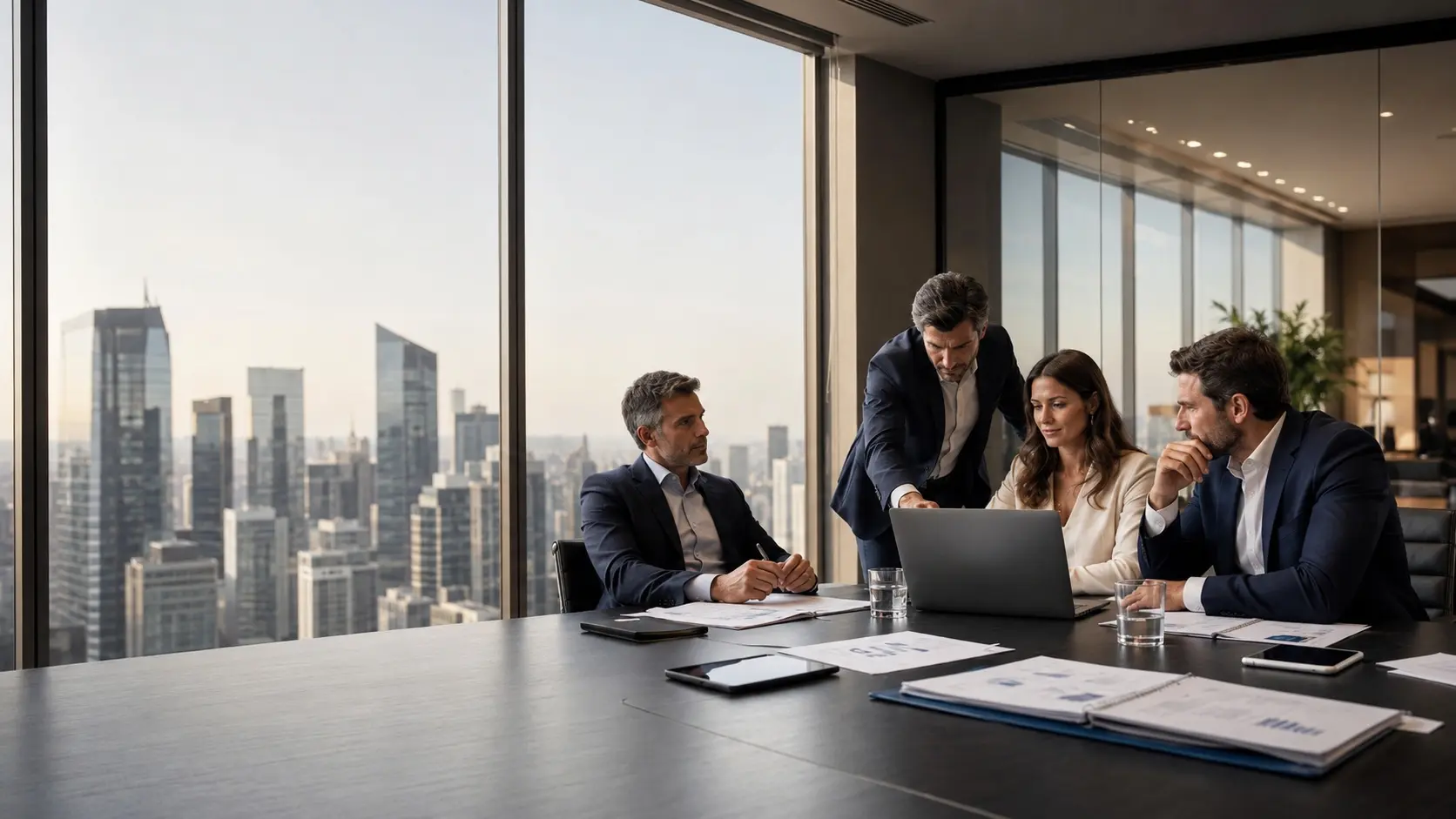Mesa executiva com relatório de valuation e vista da cidade ao amanhecer, tema avaliação de empresas e EBITDA