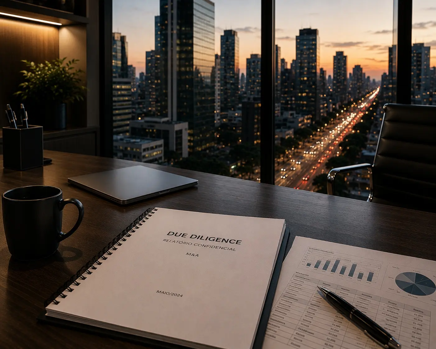 Caderno de due diligence e documentos sobre mesa de escritório com vista noturna da cidade