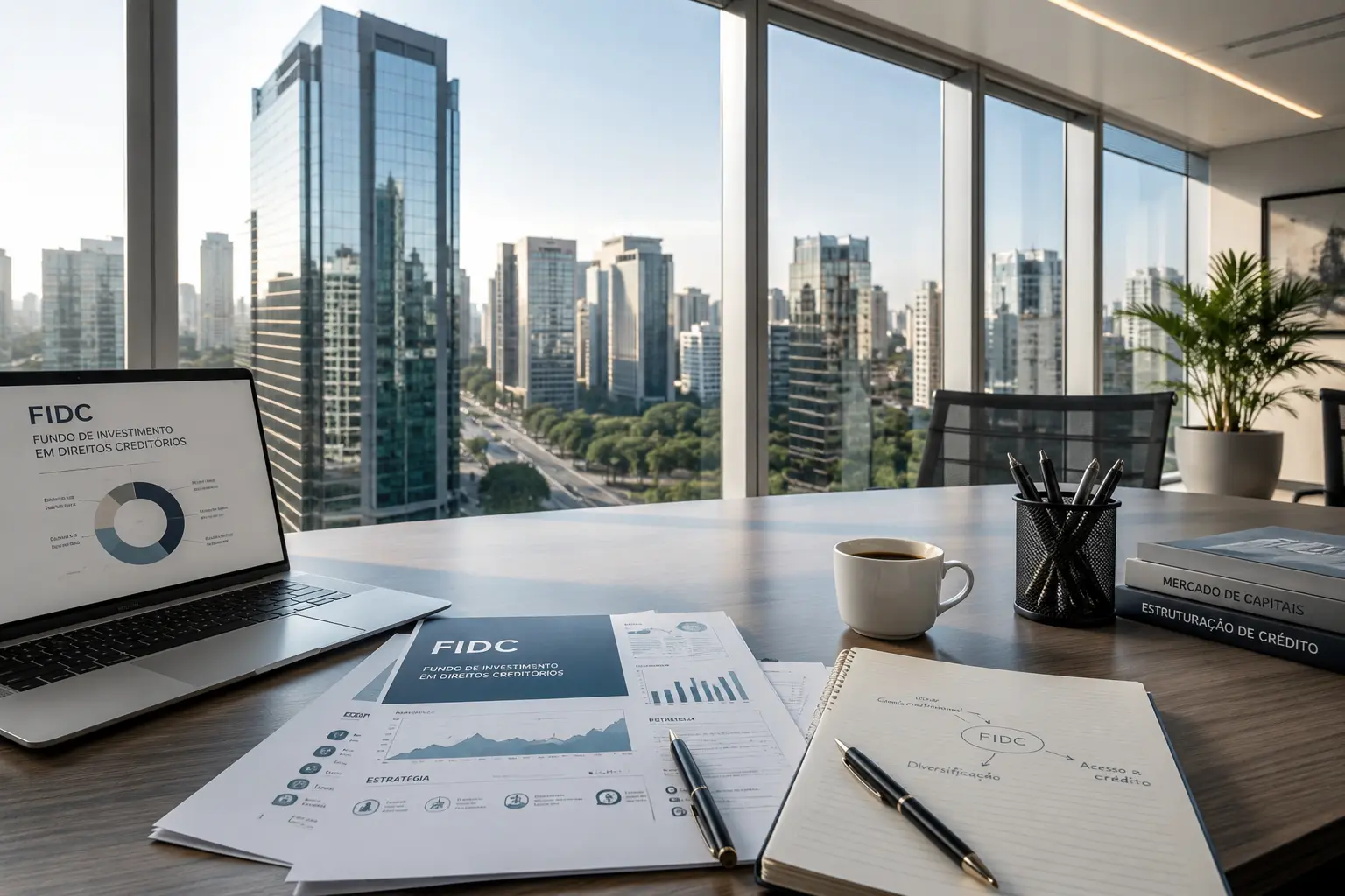 Relatório de FIDC e gráficos sobre mesa executiva com vista da cidade, tema estruturação de capital