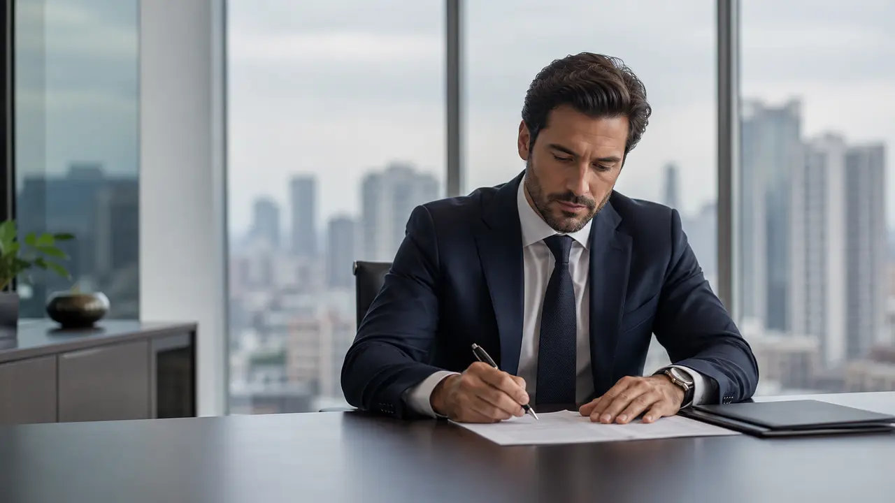 Empresário assinando contrato em escritório com vista da cidade, representando o fechamento de uma operação de M&A