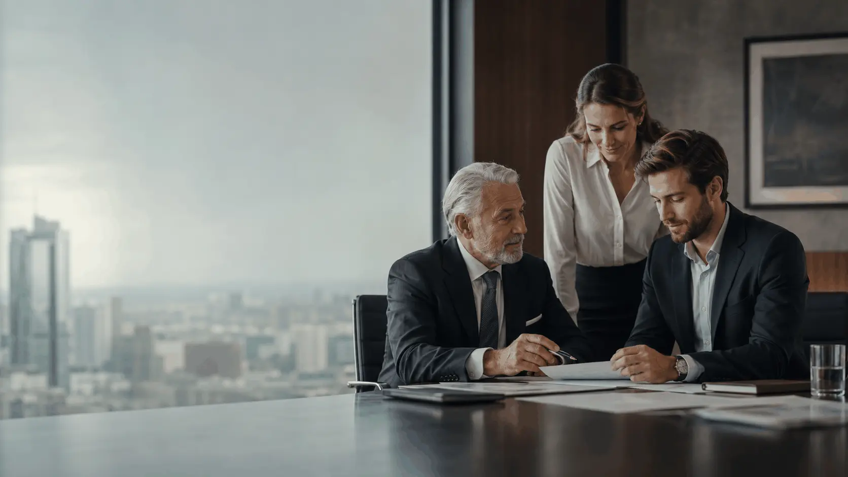Reunião entre empresário sênior e profissionais mais jovens discutindo sucessão familiar empresarial