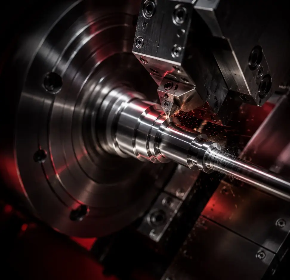 Close-up of a metal part being turned on a CNC lathe with coolant, CNC machining