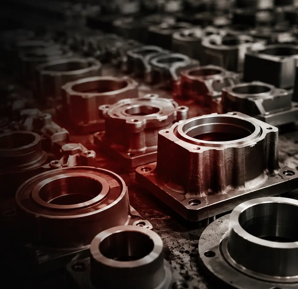 Rows of freshly sand-cast metal housings under warm foundry lighting